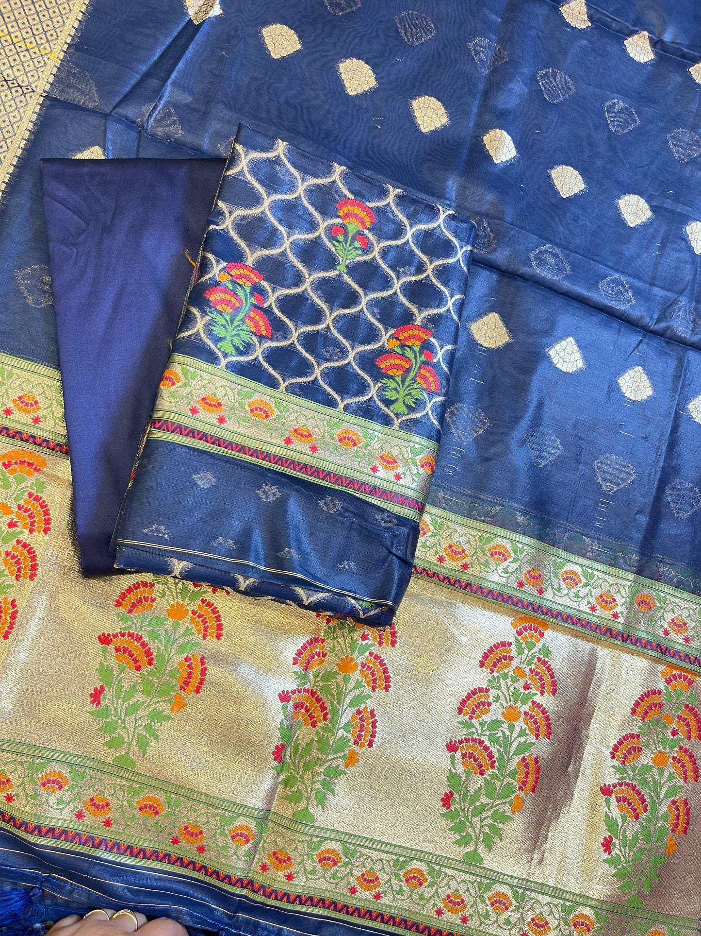 Navy Blue Jamdani Weave Cotton Banarasi 3 pcs Suit Set 600SKL_JM5