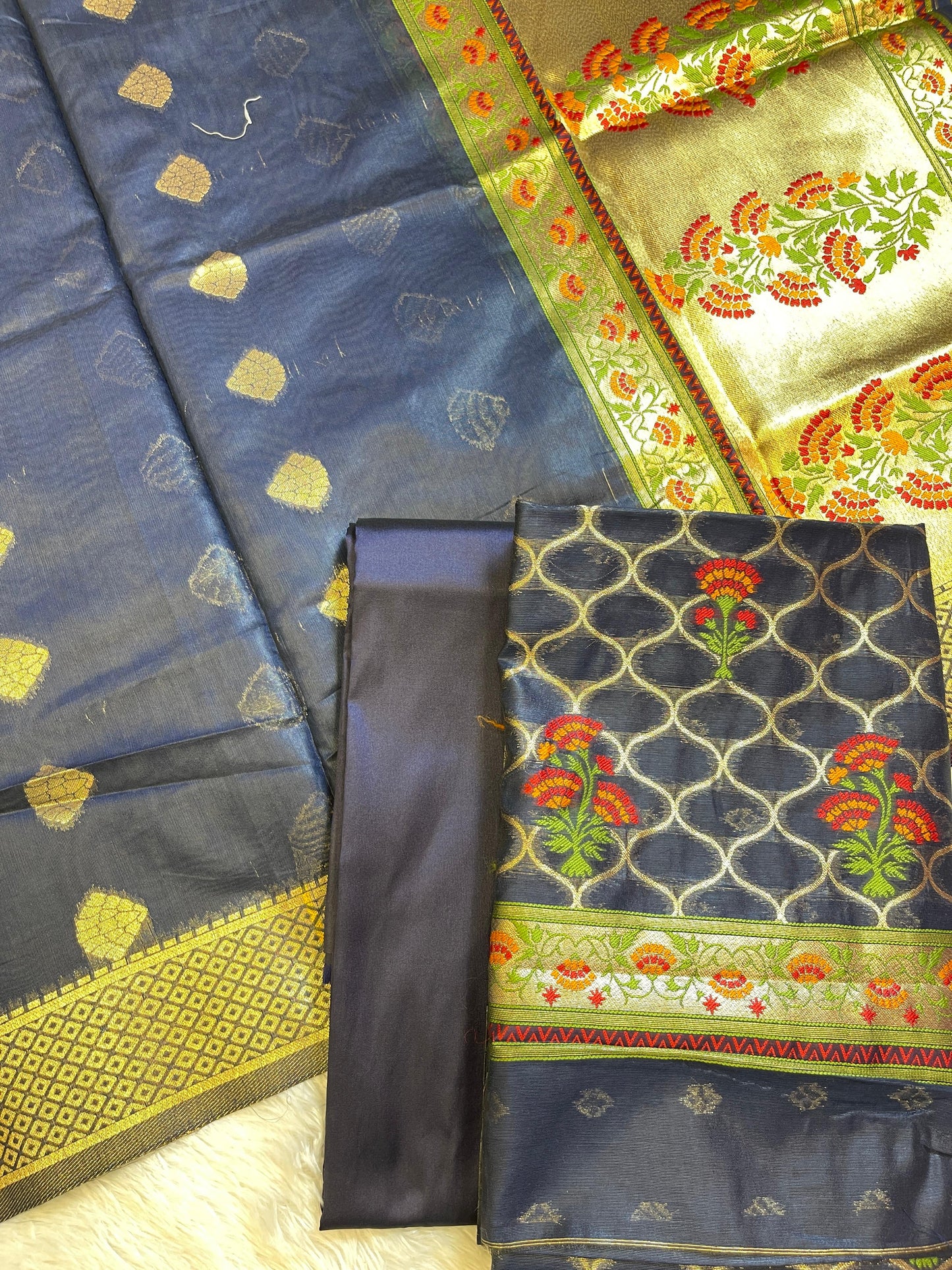 Navy Blue Jamdani Weave Cotton Banarasi 3 pcs Suit Set 600SKL_JM5