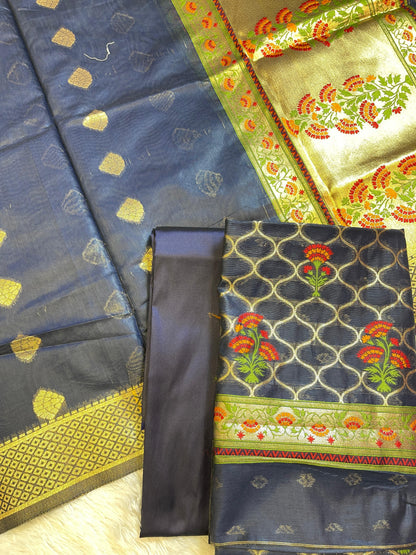 Navy Blue Jamdani Weave Cotton Banarasi 3 pcs Suit Set 600SKL_JM5