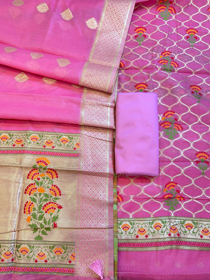 Pink Jamdani Weave Cotton Banarasi 3 pcs Suit Set 600SKL_JM6