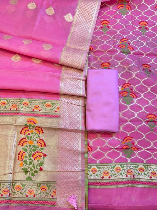 Pink Jamdani Weave Cotton Banarasi 3 pcs Suit Set 600SKL_JM6