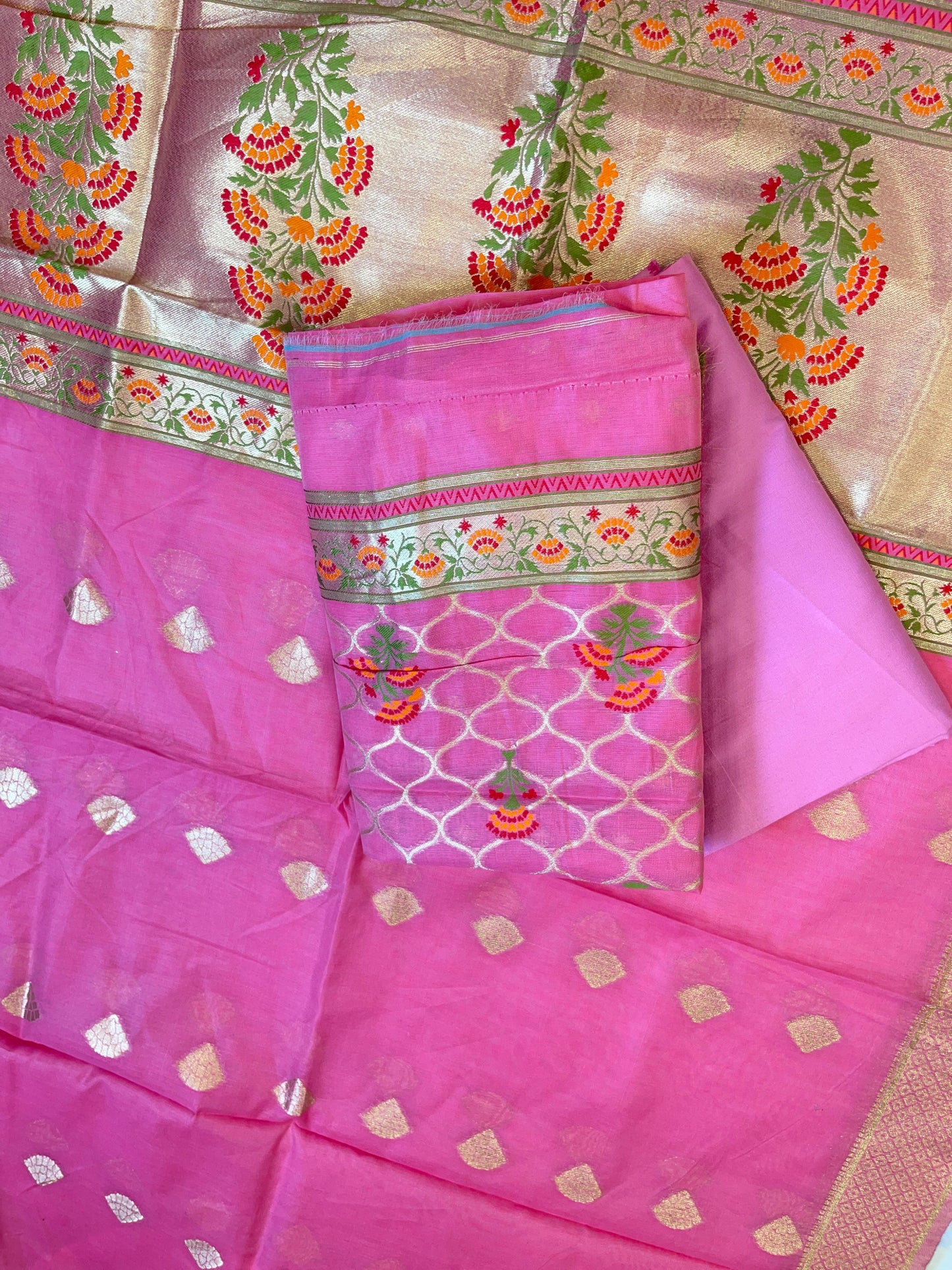 Pink Jamdani Weave Cotton Banarasi 3 pcs Suit Set 600SKL_JM6
