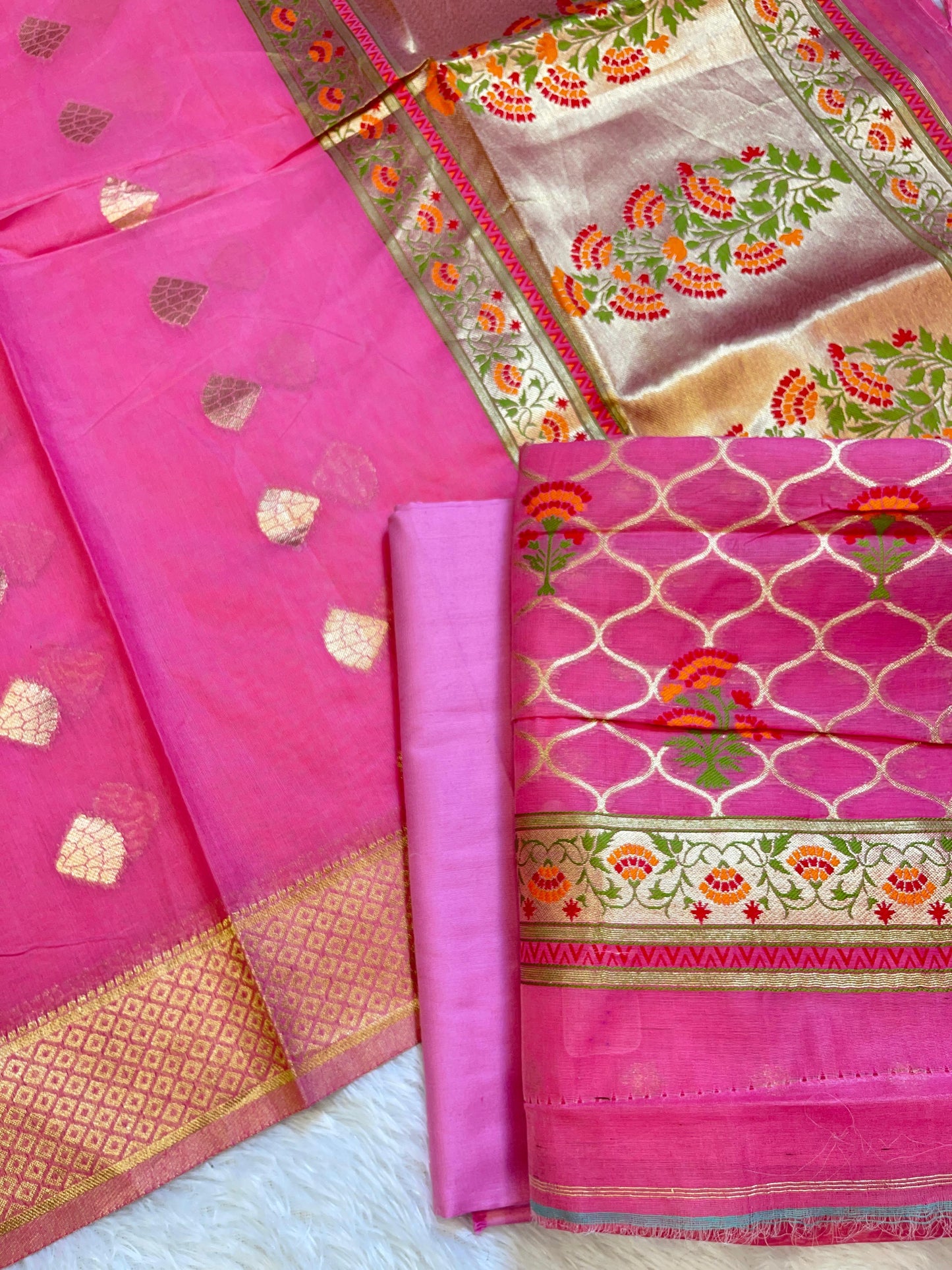Pink Jamdani Weave Cotton Banarasi 3 pcs Suit Set 600SKL_JM6