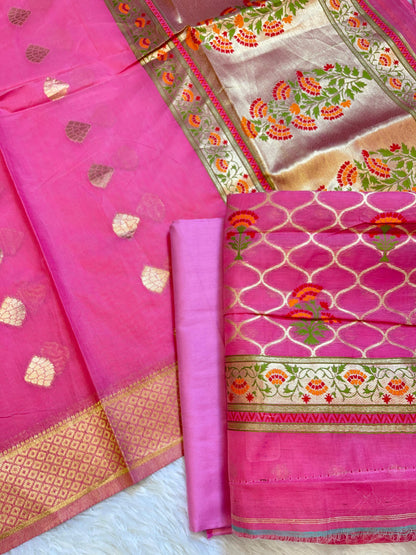 Pink Jamdani Weave Cotton Banarasi 3 pcs Suit Set 600SKL_JM6