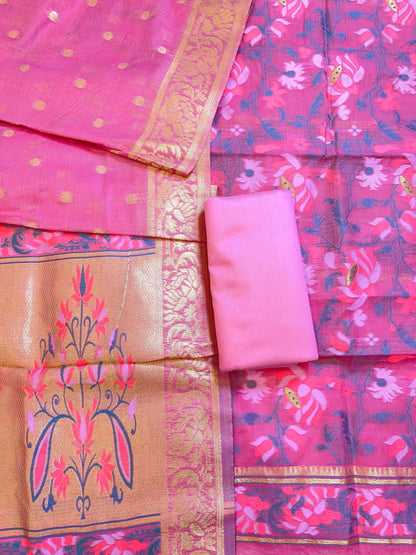 Pink Jamdani Weave Cotton Banarasi 3 pcs Suit Set 600SKL_JM16