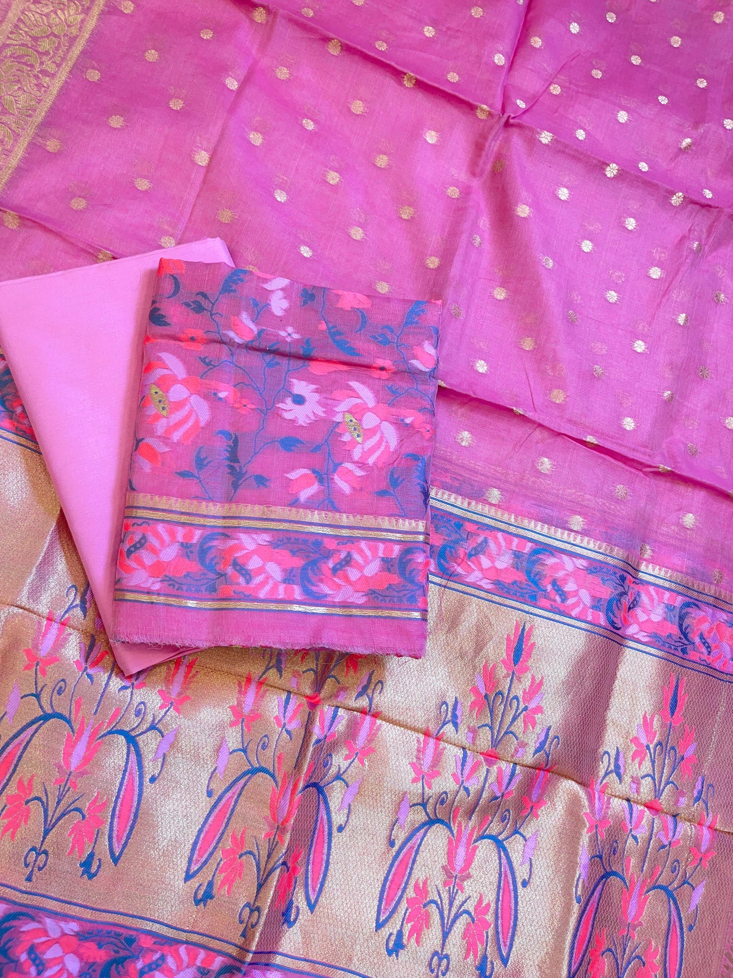 Pink Jamdani Weave Cotton Banarasi 3 pcs Suit Set 600SKL_JM16