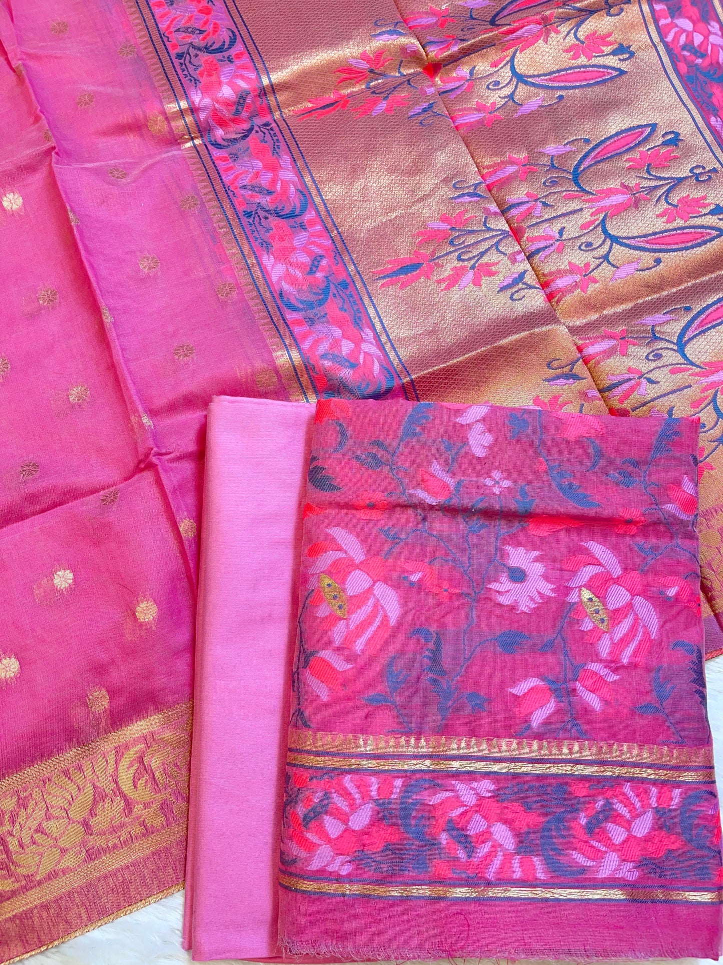 Pink Jamdani Weave Cotton Banarasi 3 pcs Suit Set 600SKL_JM16
