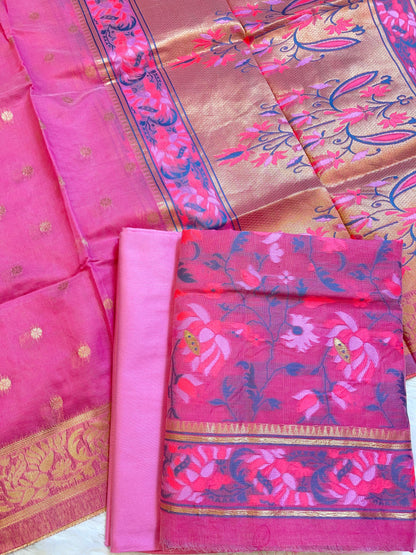 Pink Jamdani Weave Cotton Banarasi 3 pcs Suit Set 600SKL_JM16