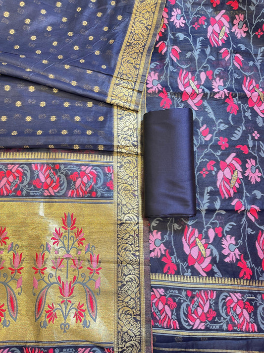 Navy Blue Jamdani Weave Cotton Banarasi 3 pcs Suit Set 600SKL_JM17