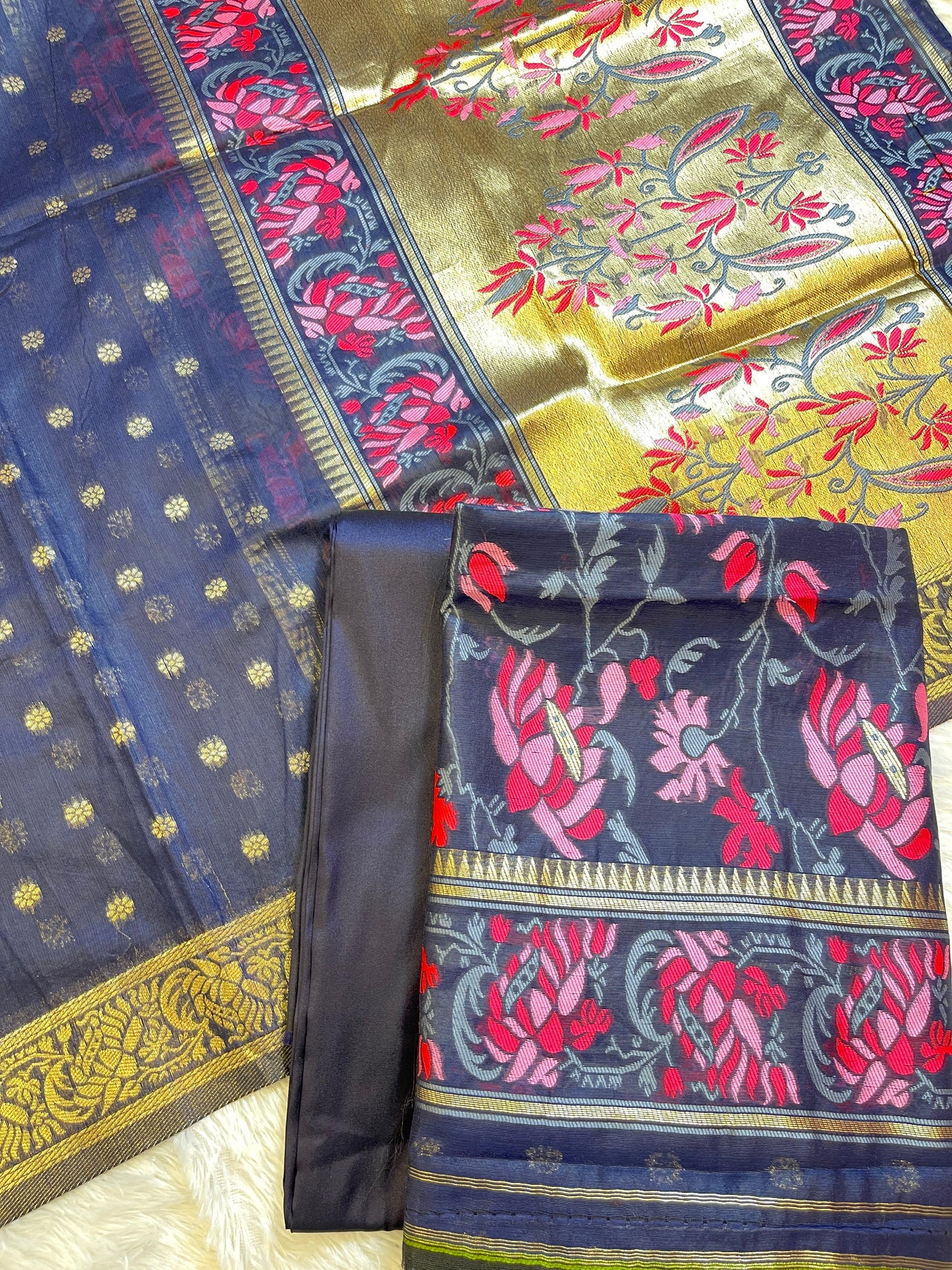 Navy Blue Jamdani Weave Cotton Banarasi 3 pcs Suit Set 600SKL_JM17