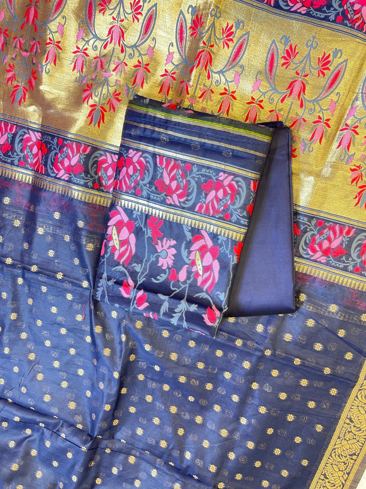 Navy Blue Jamdani Weave Cotton Banarasi 3 pcs Suit Set 600SKL_JM17