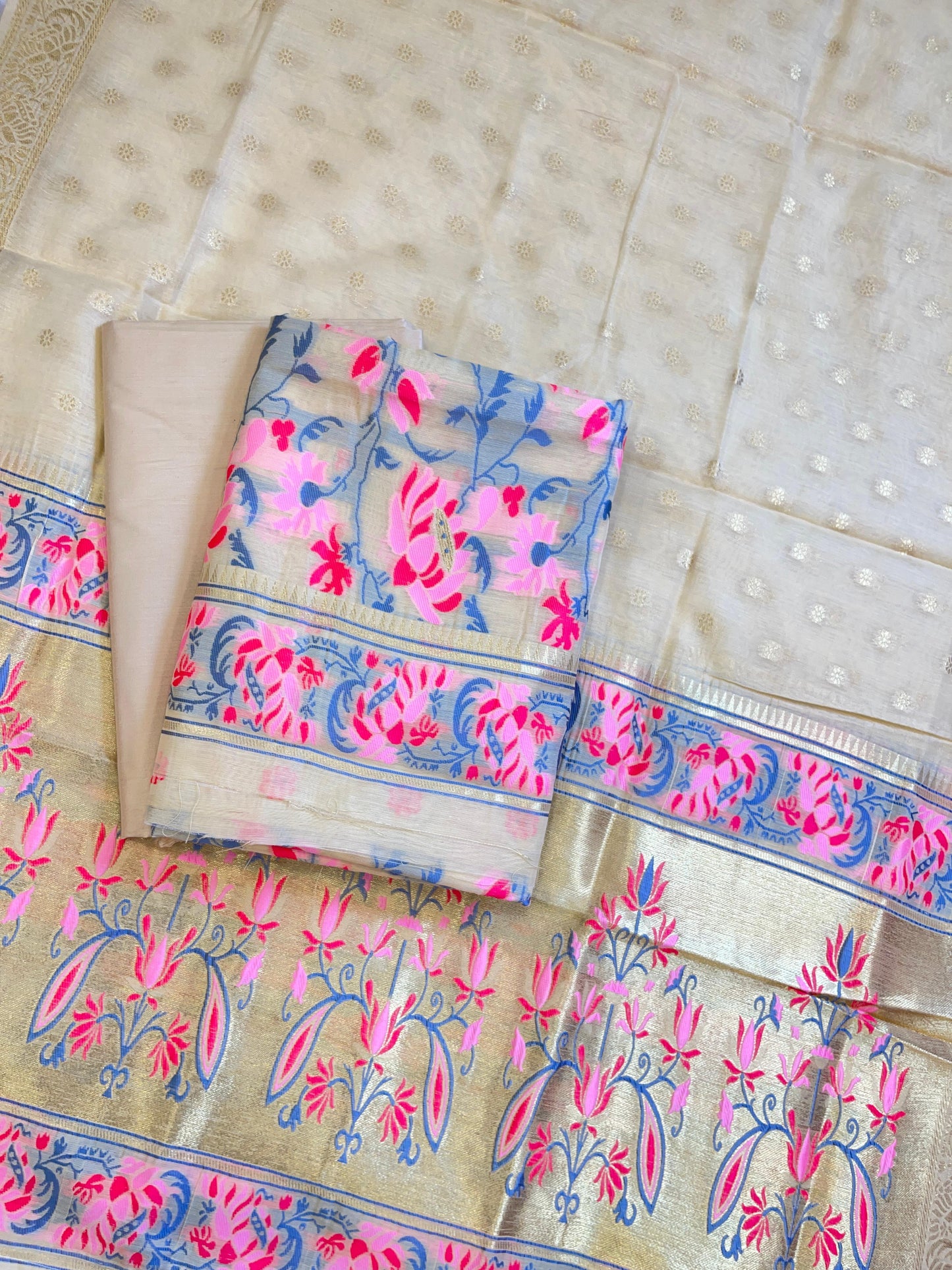 Cream Jamdani Weave Cotton Banarasi 3 pcs Suit Set 600SKL_JM18