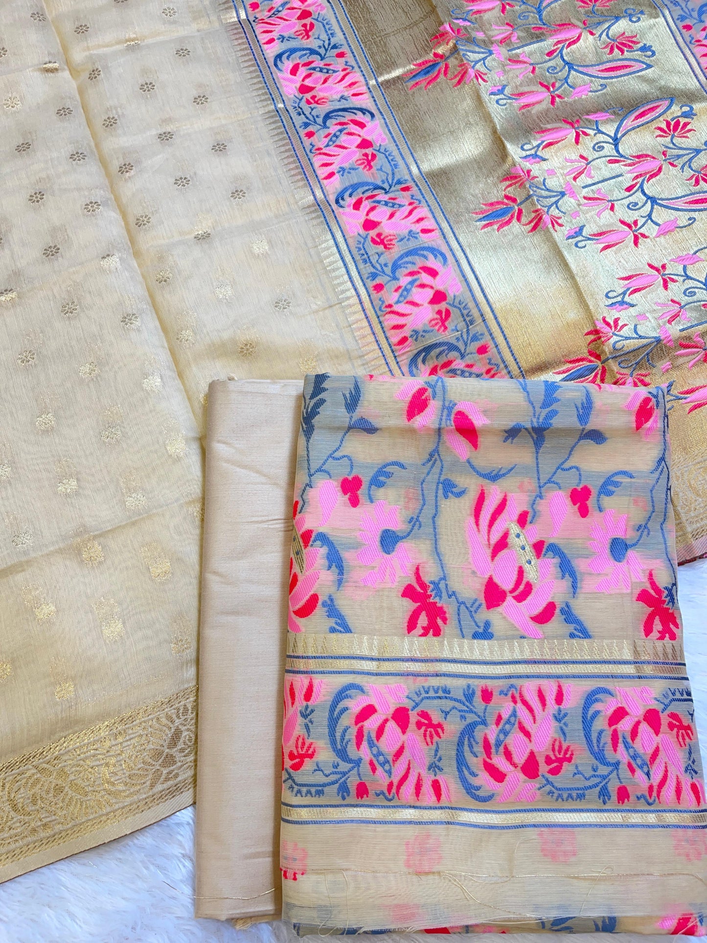 Cream Jamdani Weave Cotton Banarasi 3 pcs Suit Set 600SKL_JM18