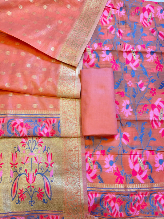 Peach Jamdani Weave Cotton Banarasi 3 pcs Suit Set 600SKL_JM19