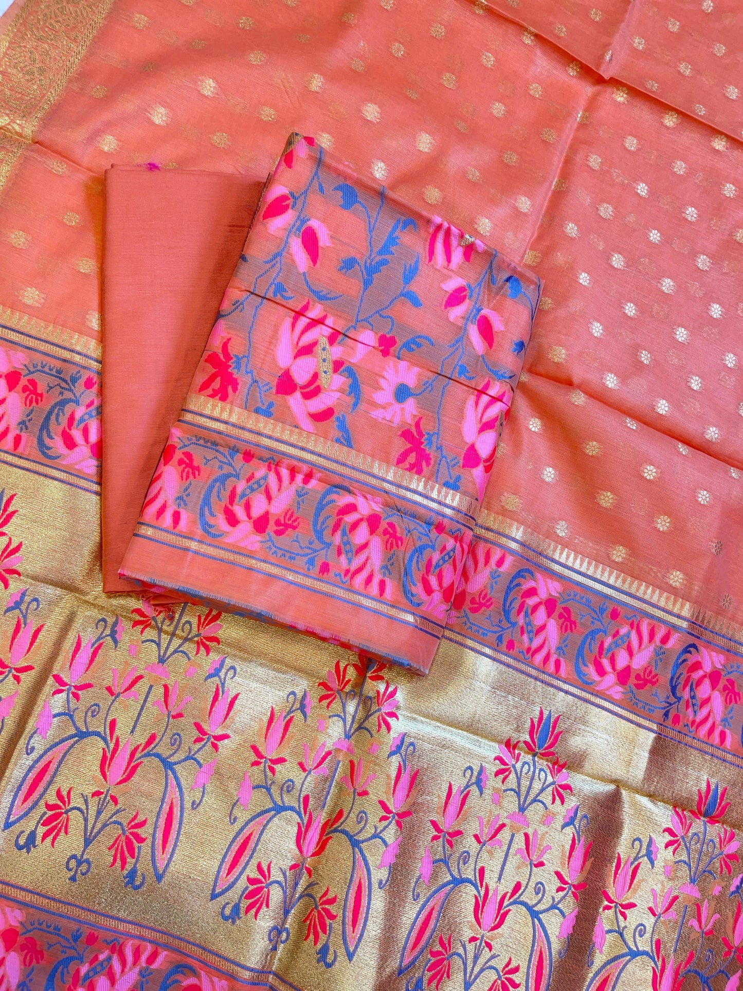 Peach Jamdani Weave Cotton Banarasi 3 pcs Suit Set 600SKL_JM19