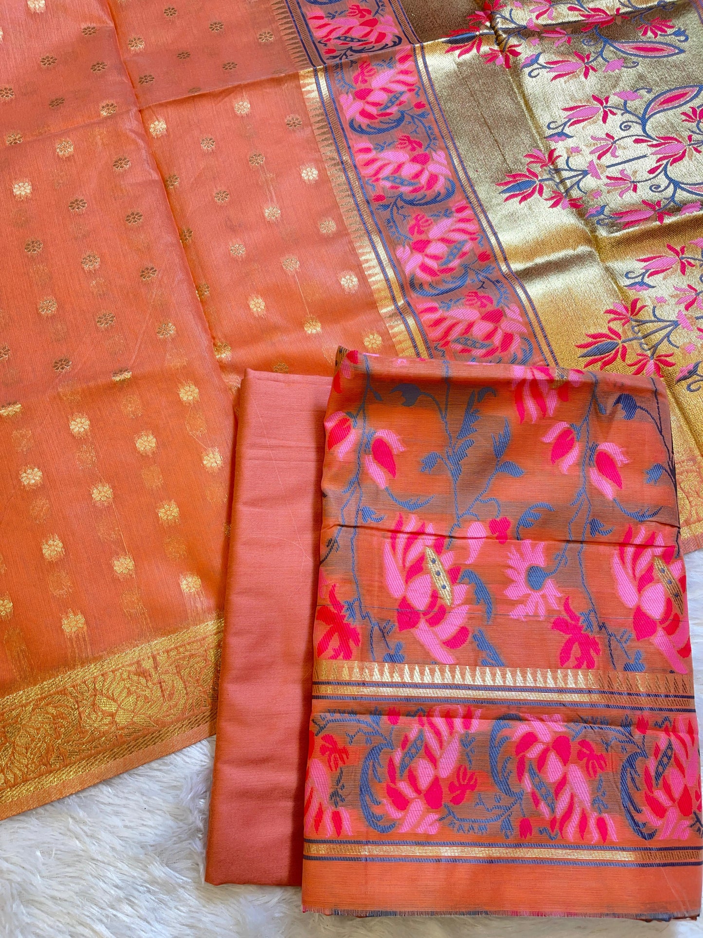 Peach Jamdani Weave Cotton Banarasi 3 pcs Suit Set 600SKL_JM19