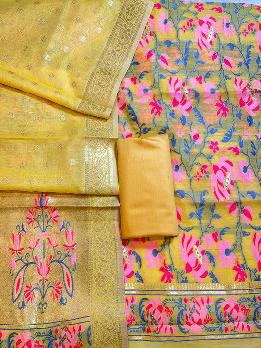 Gold Jamdani Weave Cotton Banarasi 3 pcs Suit Set 600SKL_JM14