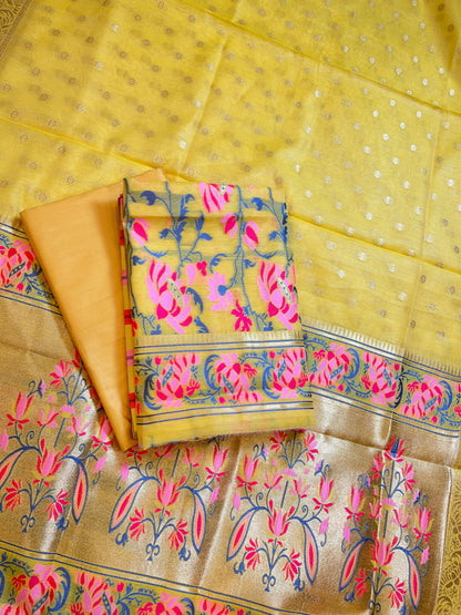 Gold Jamdani Weave Cotton Banarasi 3 pcs Suit Set 600SKL_JM14