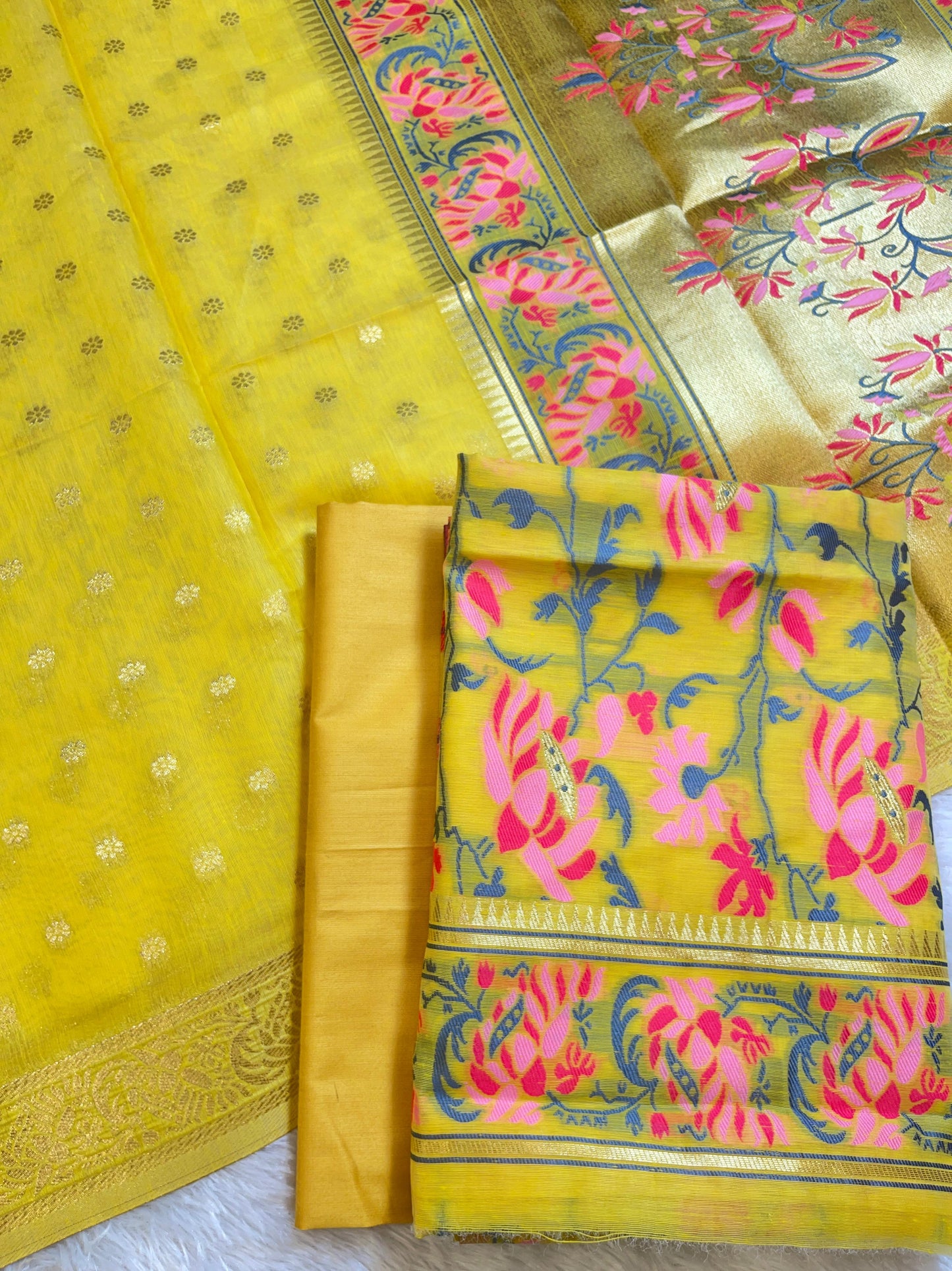 Gold Jamdani Weave Cotton Banarasi 3 pcs Suit Set 600SKL_JM14