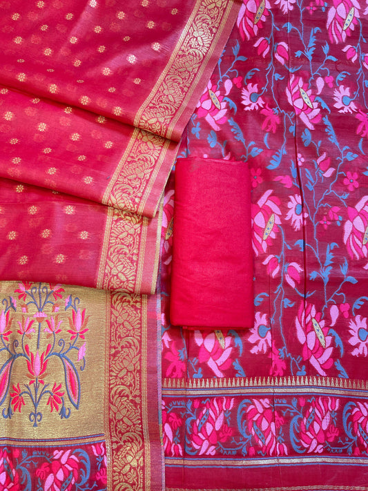 Red Jamdani Weave Cotton Banarasi 3 pcs Suit Set 600SKL_JM15