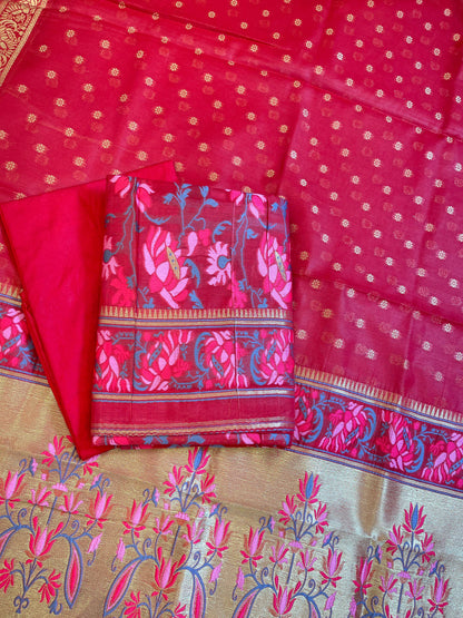 Red Jamdani Weave Cotton Banarasi 3 pcs Suit Set 600SKL_JM15