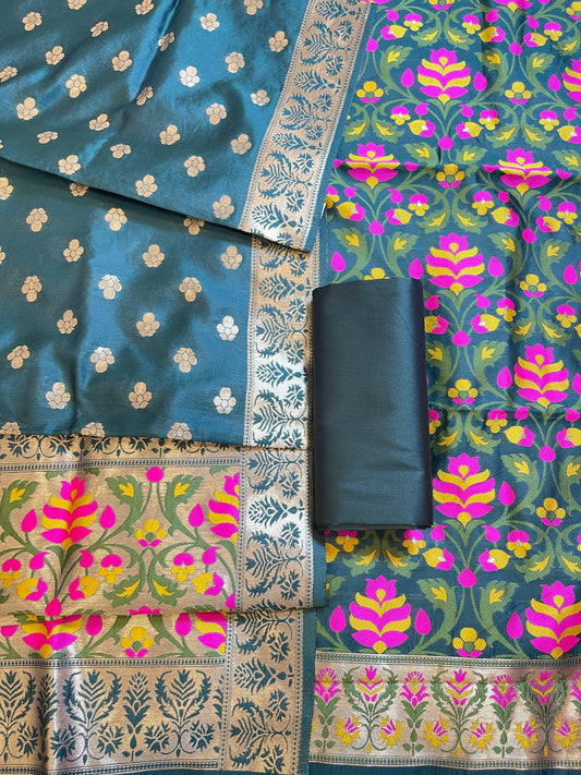 Dark Green Jamdani Weave Cotton Banarasi 3 pcs Suit Set 600SKL_JM13
