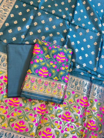Dark Green Jamdani Weave Cotton Banarasi 3 pcs Suit Set 600SKL_JM13