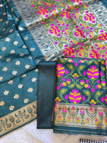 Dark Green Jamdani Weave Cotton Banarasi 3 pcs Suit Set 600SKL_JM13