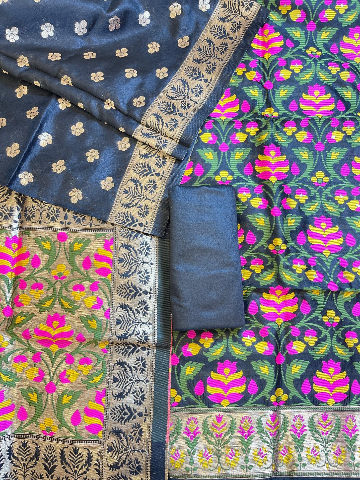 Black Jamdani Weave Cotton Banarasi 3 pcs Suit Set 600SKL_JM12