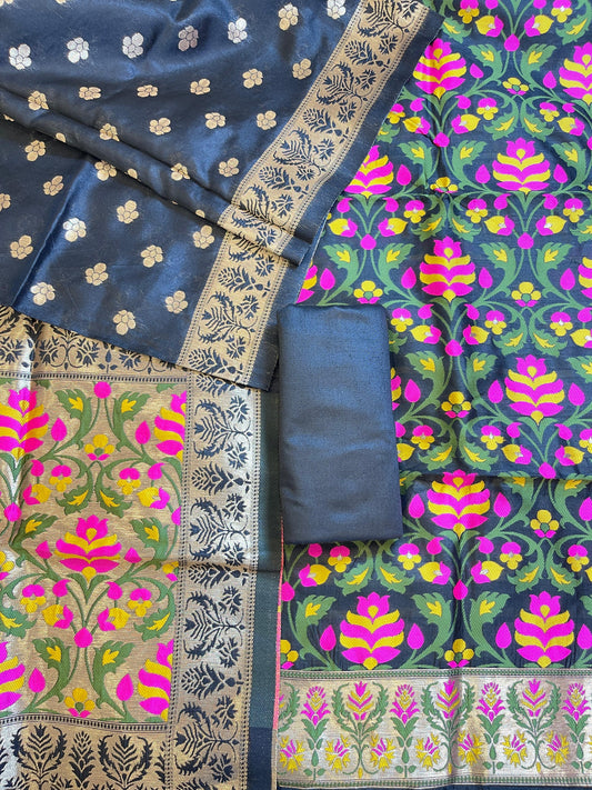 Black Jamdani Weave Cotton Banarasi 3 pcs Suit Set 600SKL_JM12