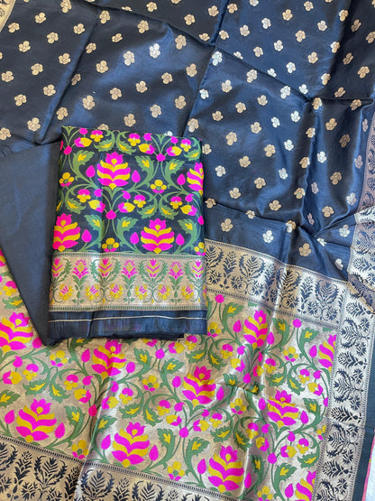 Black Jamdani Weave Cotton Banarasi 3 pcs Suit Set 600SKL_JM12