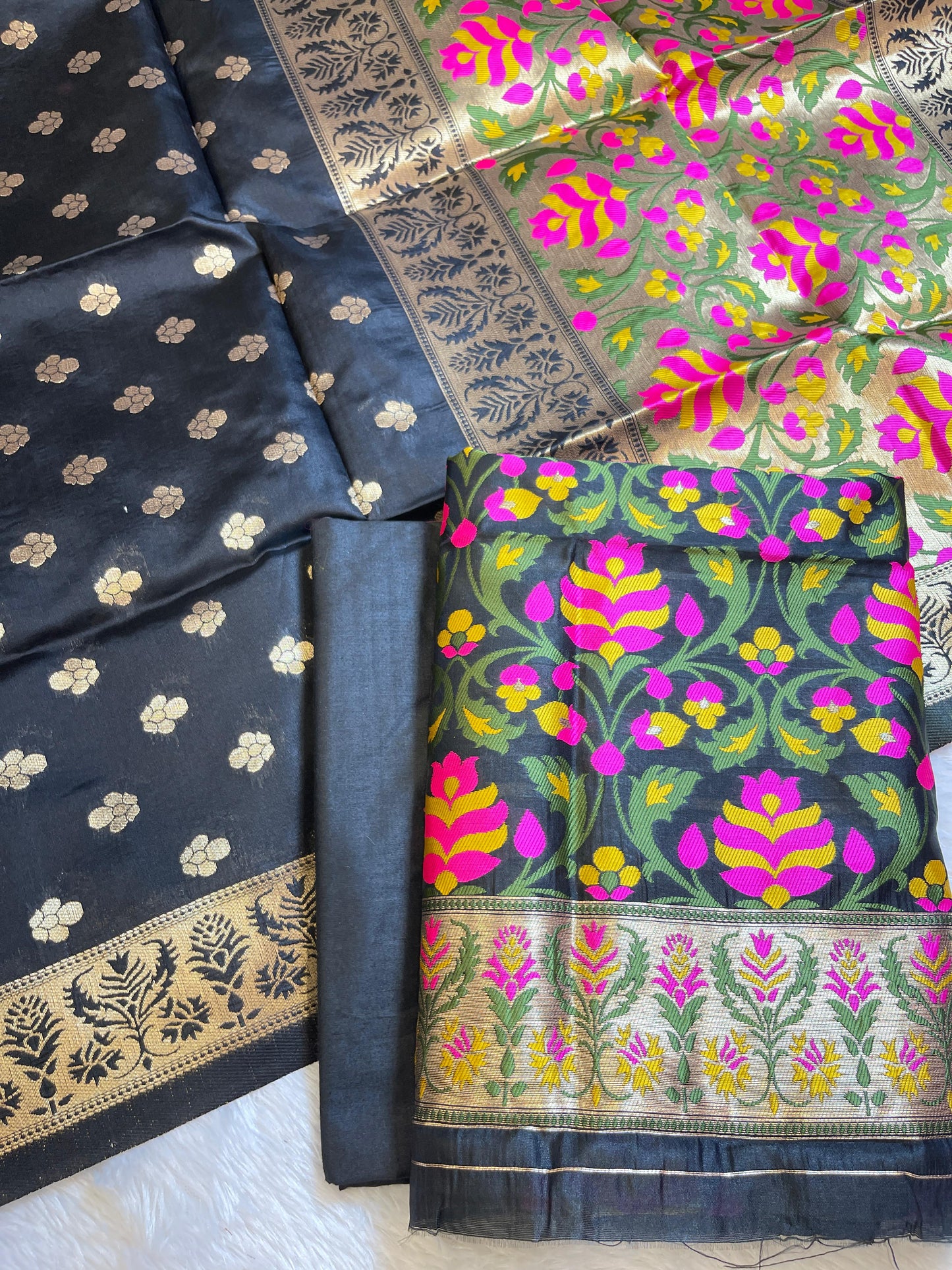 Black Jamdani Weave Cotton Banarasi 3 pcs Suit Set 600SKL_JM12