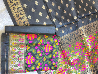 Navy Blue Jamdani Weave Cotton Banarasi 3 pcs Suit Set 600SKL_JM7