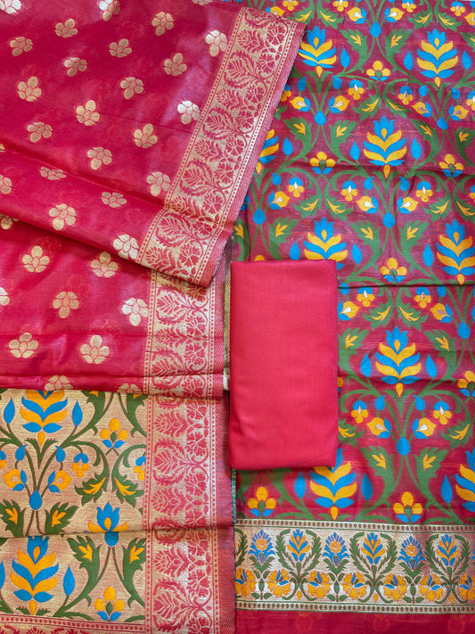 Dark Pink Jamdani Weave Cotton Banarasi 3 pcs Suit Set 600SKL_JM8