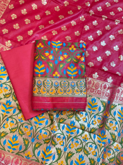 Dark Pink Jamdani Weave Cotton Banarasi 3 pcs Suit Set 600SKL_JM8