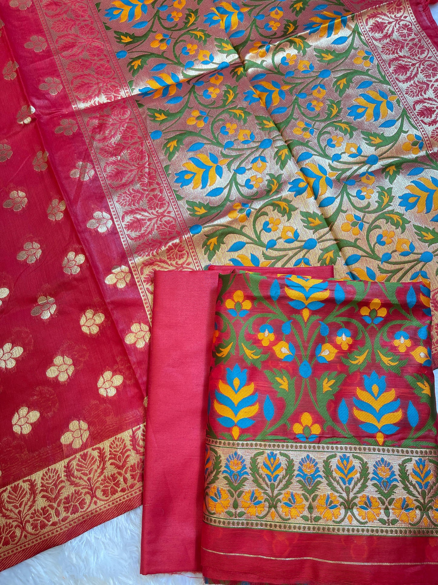 Dark Pink Jamdani Weave Cotton Banarasi 3 pcs Suit Set 600SKL_JM8