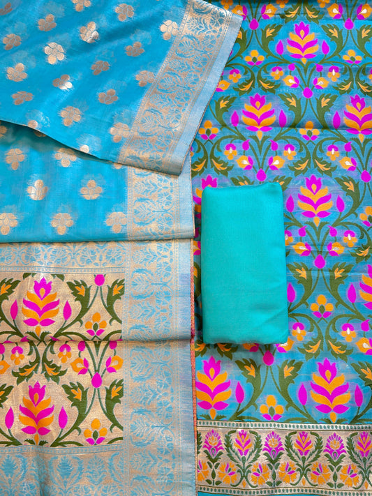 Sky Blue Jamdani Weave Cotton Banarasi 3 pcs Suit Set 600SKL_JM9