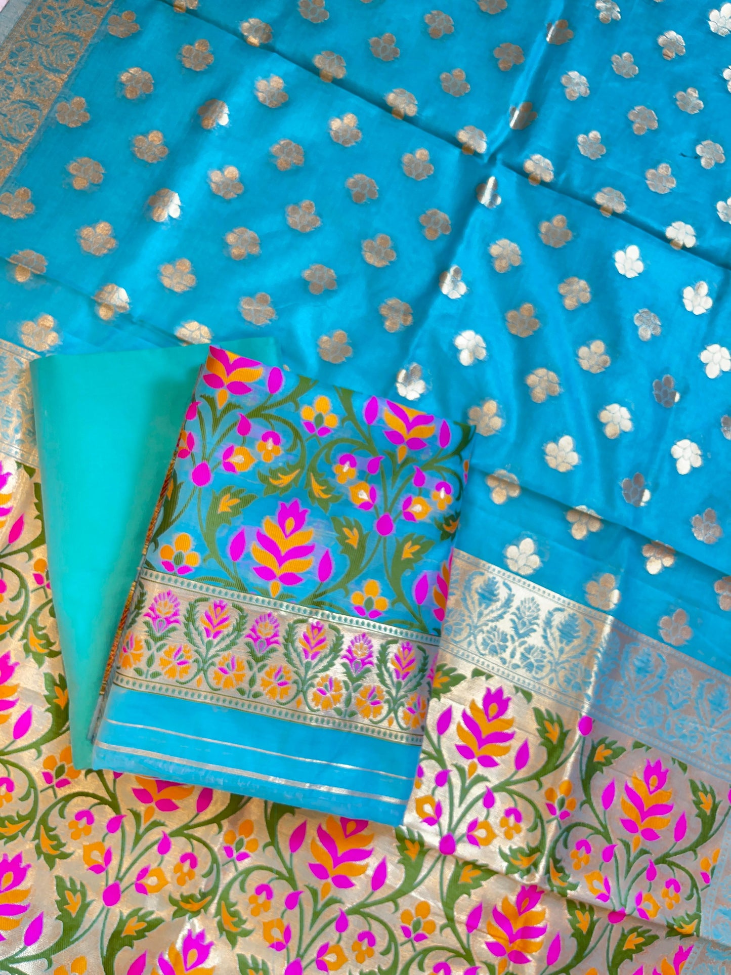 Sky Blue Jamdani Weave Cotton Banarasi 3 pcs Suit Set 600SKL_JM9