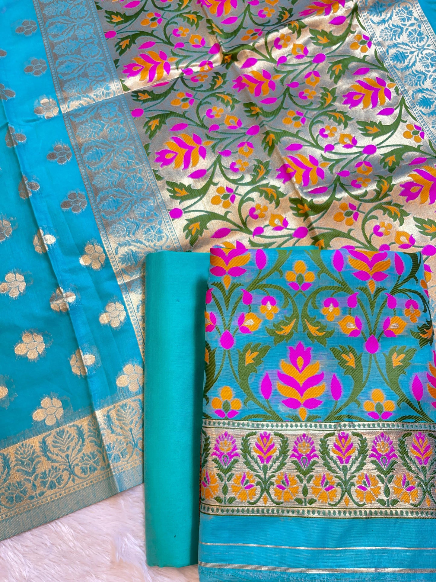 Sky Blue Jamdani Weave Cotton Banarasi 3 pcs Suit Set 600SKL_JM9