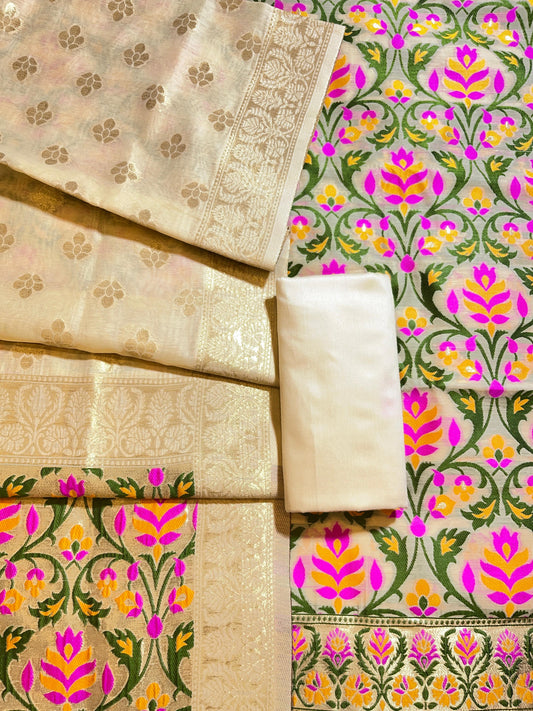 Cream Jamdani Weave Cotton Banarasi 3 pcs Suit Set 600SKL_JM10
