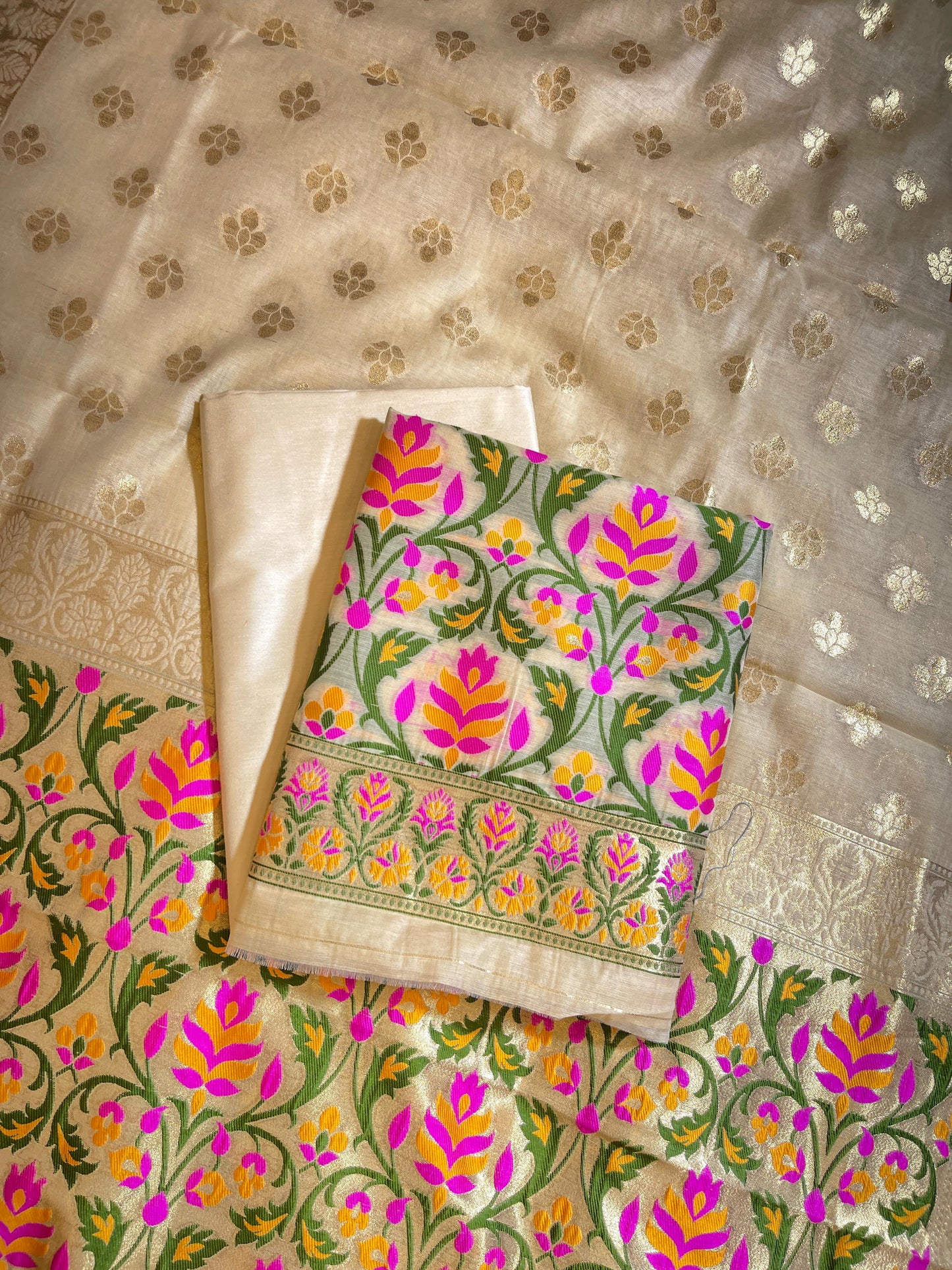 Cream Jamdani Weave Cotton Banarasi 3 pcs Suit Set 600SKL_JM10