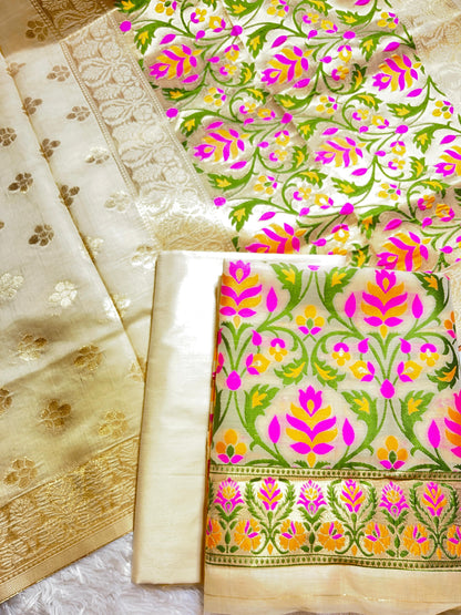 Cream Jamdani Weave Cotton Banarasi 3 pcs Suit Set 600SKL_JM10