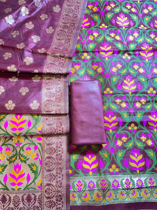 Maroon Jamdani Weave Cotton Banarasi 3 pcs Suit Set 600SKL_JM11