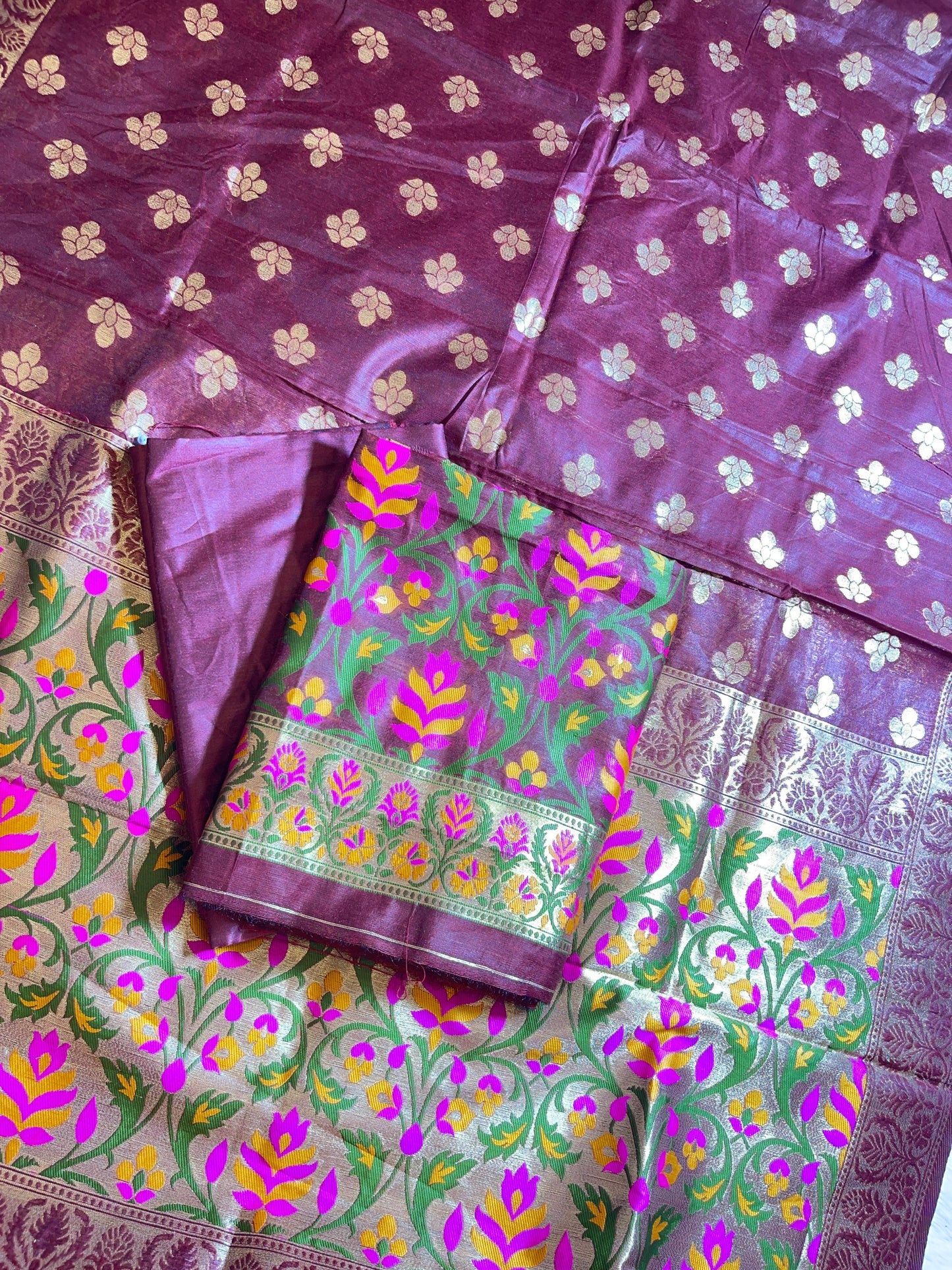 Maroon Jamdani Weave Cotton Banarasi 3 pcs Suit Set 600SKL_JM11