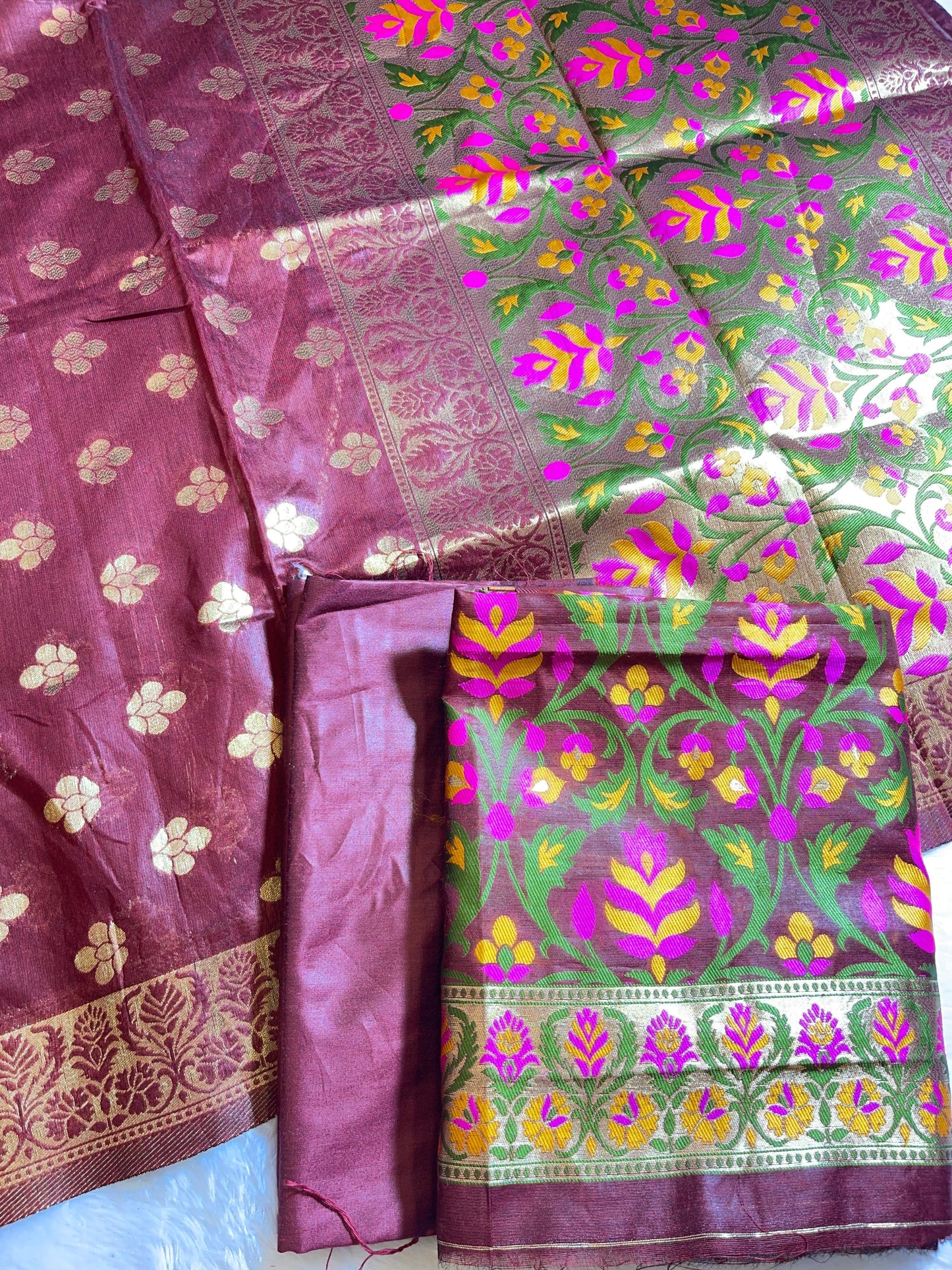 Maroon Jamdani Weave Cotton Banarasi 3 pcs Suit Set 600SKL_JM11