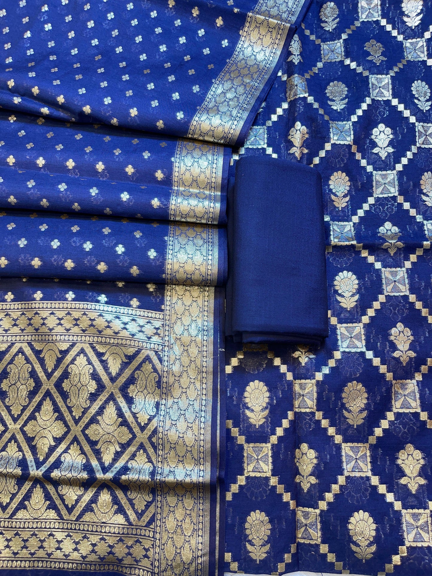 Blue Mescrize Cotton Geometrical Banarasi 3 pcs Suit Set 1100SKL_MS3