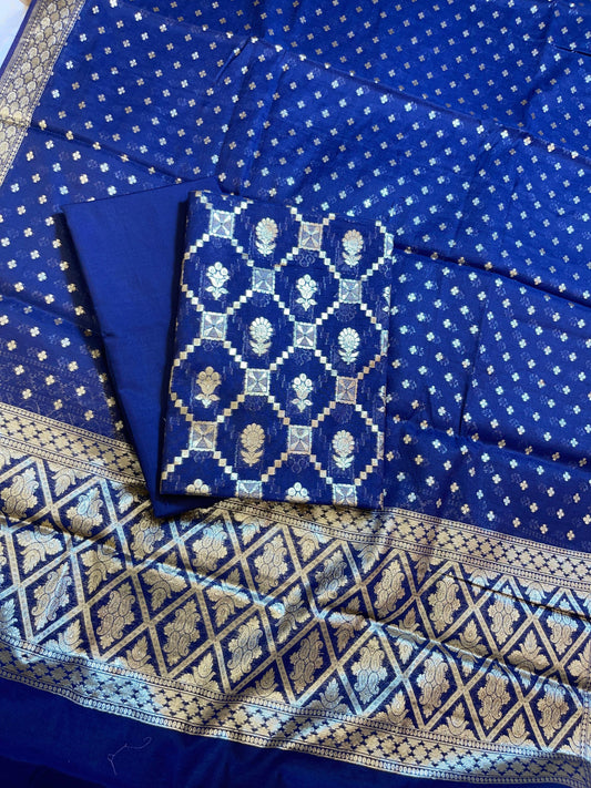 Blue Mescrize Cotton Geometrical Banarasi 3 pcs Suit Set 1100SKL_MS3