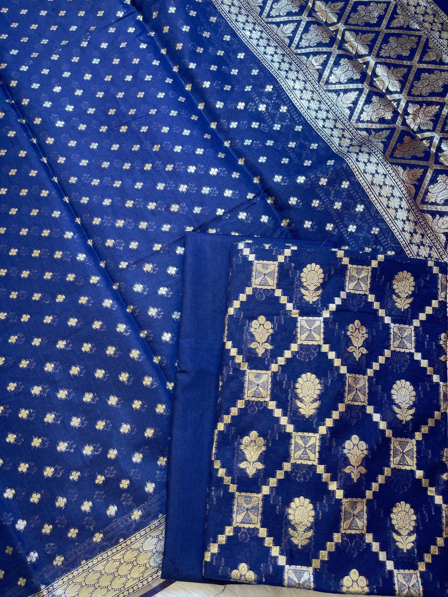 Blue Mescrize Cotton Geometrical Banarasi 3 pcs Suit Set 1100SKL_MS3