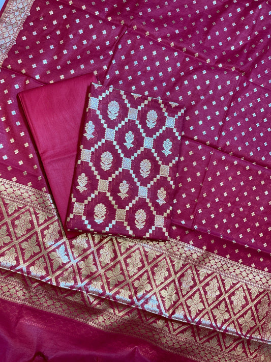 Magenta Mescrize Cotton Geometrical Banarasi 3 pcs Suit Set 1100SKL_MS6