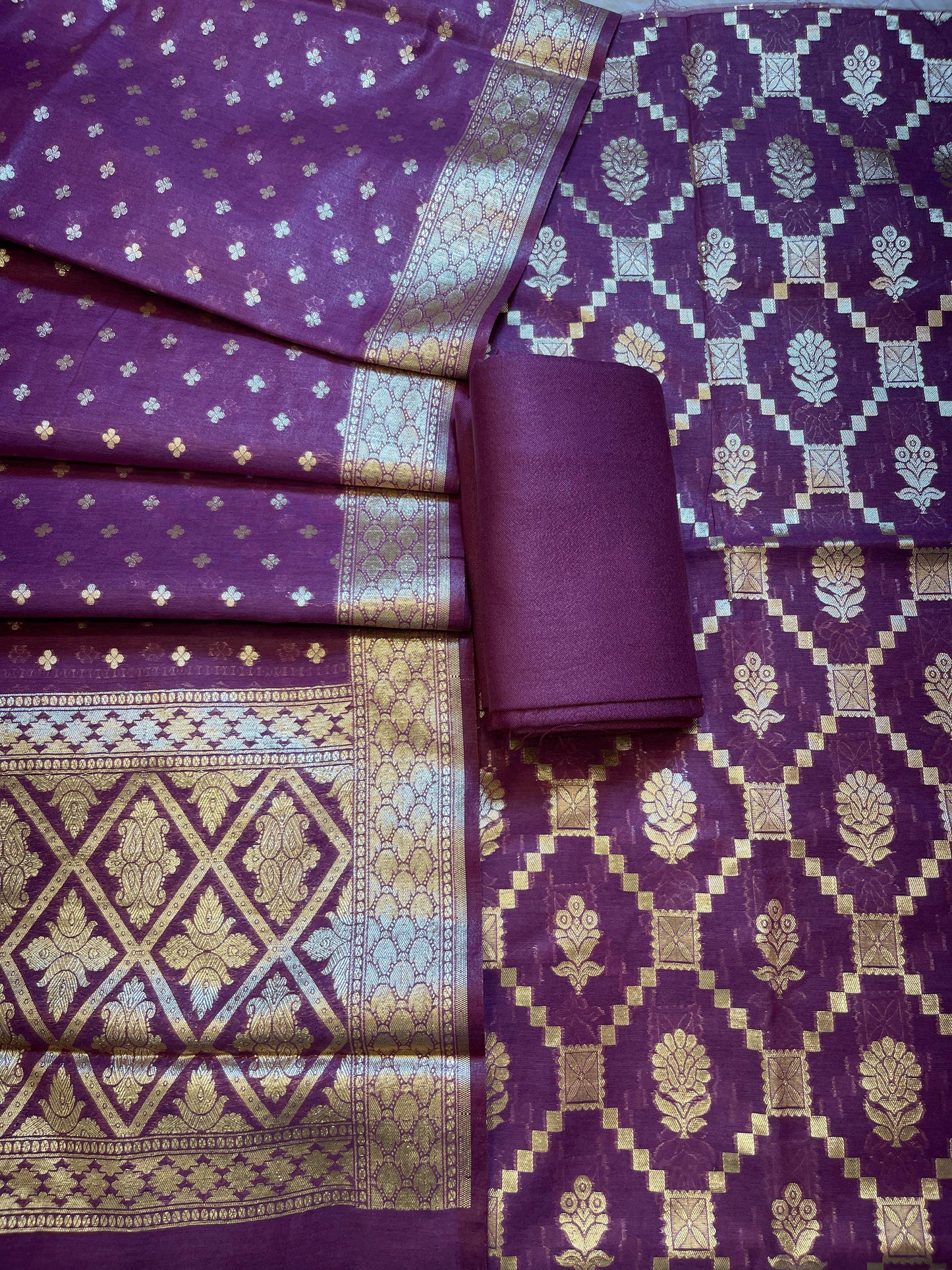 Purple Mescrize Cotton Geometrical Banarasi 3 pcs Suit Set 1100SKL_MS4